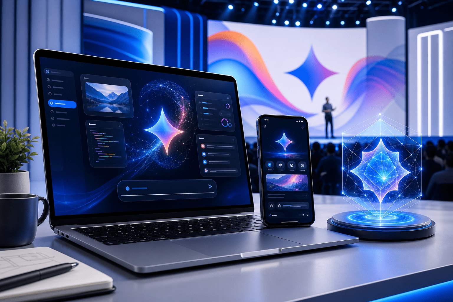 ノートPC、スマートフォン、発光する星形ロゴを表示したプレゼン会場の技術デモ画面
